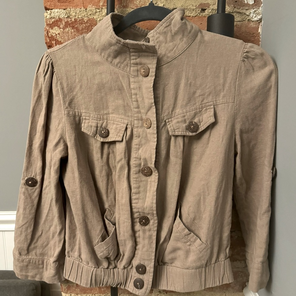 Mine Women's Cotton Linen Bomber Jacket Boho Lightweight Coastal Size Small Tan